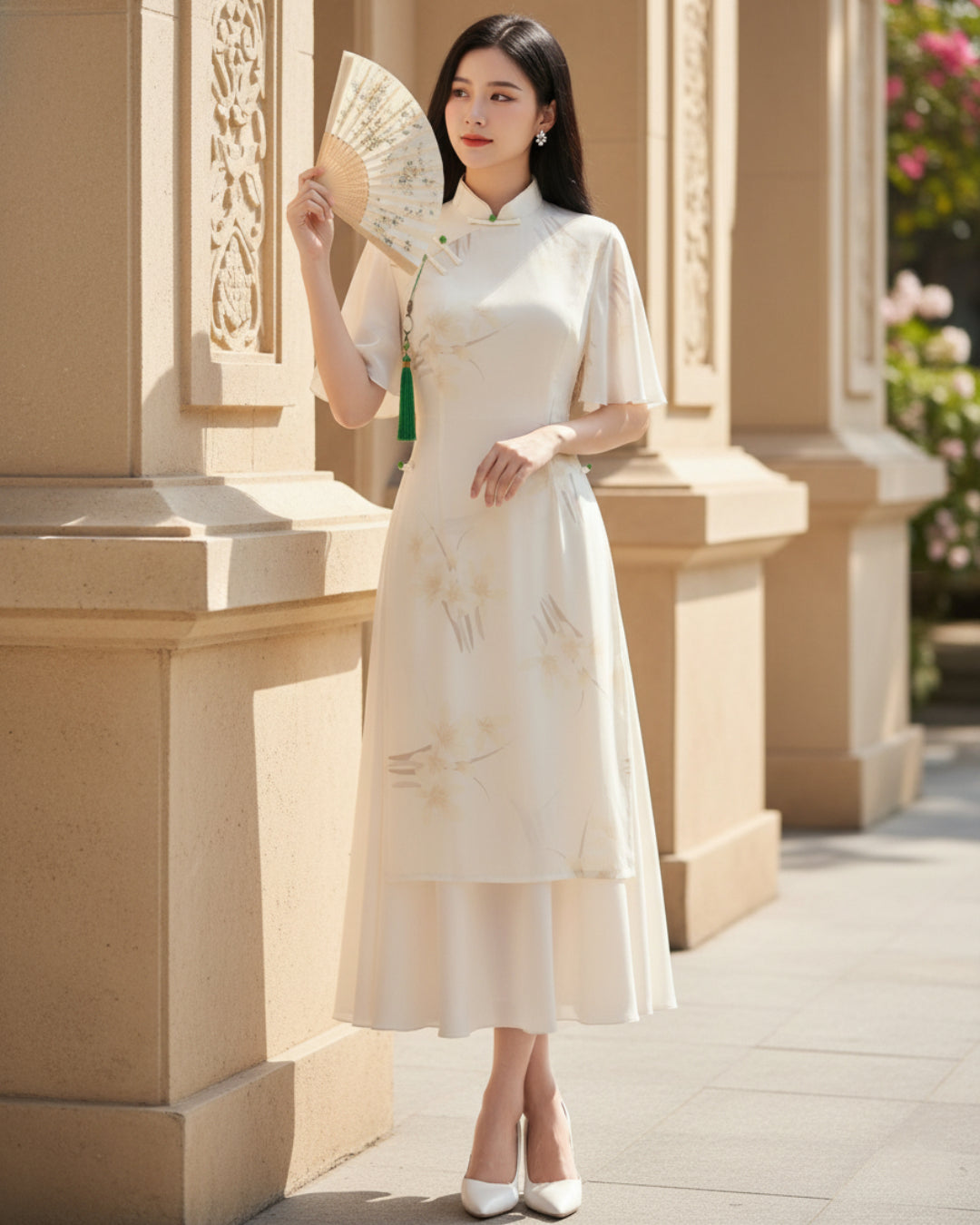 Coco Modernized Beige Floral Áo Dài Dress, ao dai canada