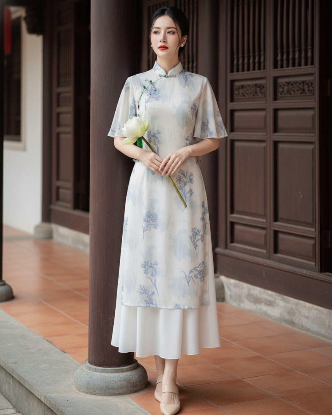Coco Modernized Blue Floral Áo Dài Dress, Vietnamese Ao Dai Online