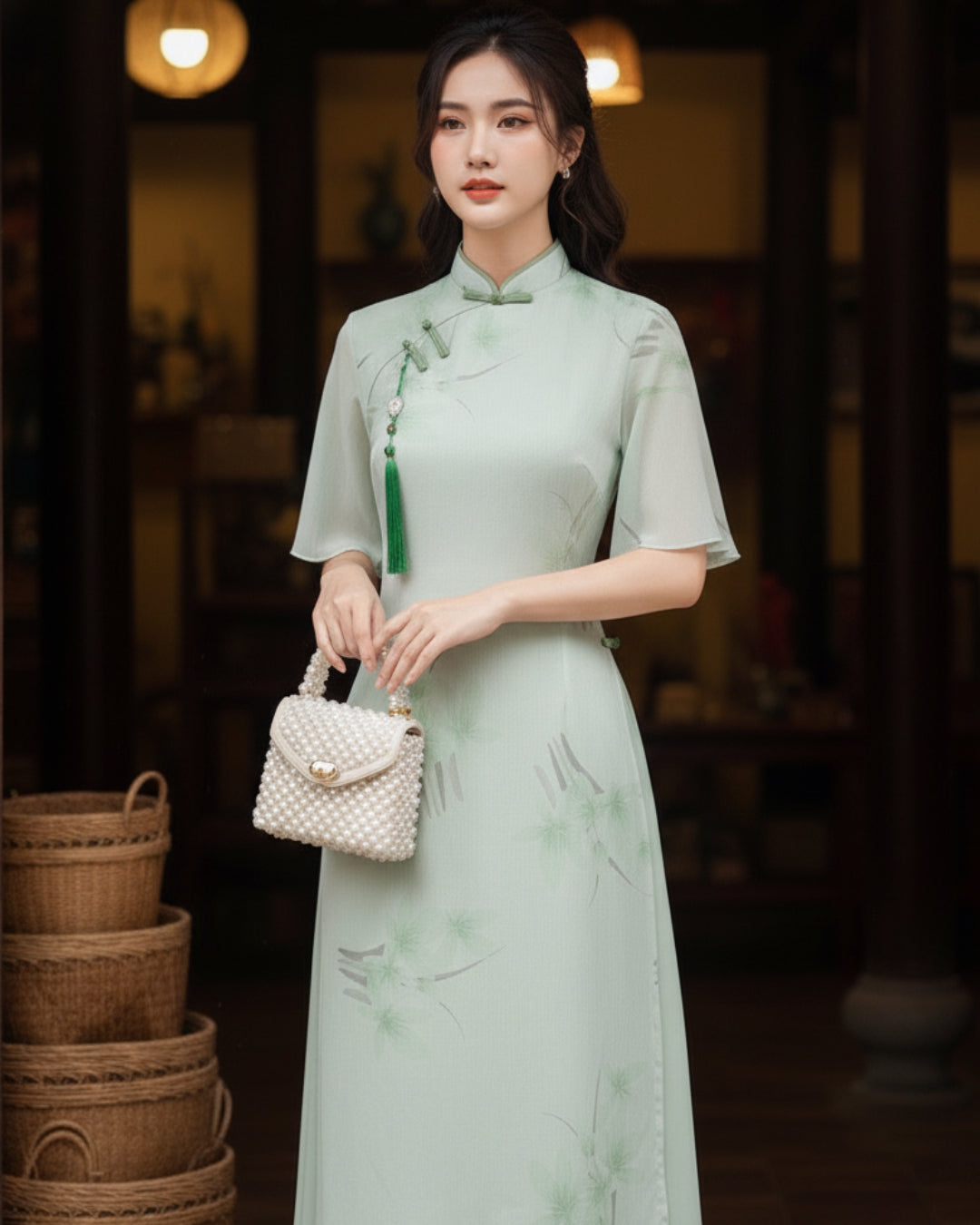 Coco Modernized Mint Floral o Di Dress - Vietnamese Ao Dai Online M Coco Modernized Mint Floral o Di Dress - Vietnamese Ao Dai Online M