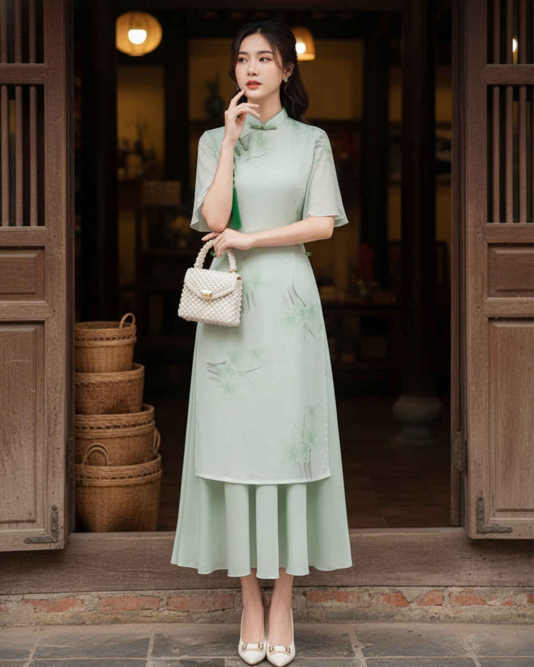 Coco Modernized Mint Floral Áo Dài Dress, ao dai toronto, Vietnamese Ao Dai Online