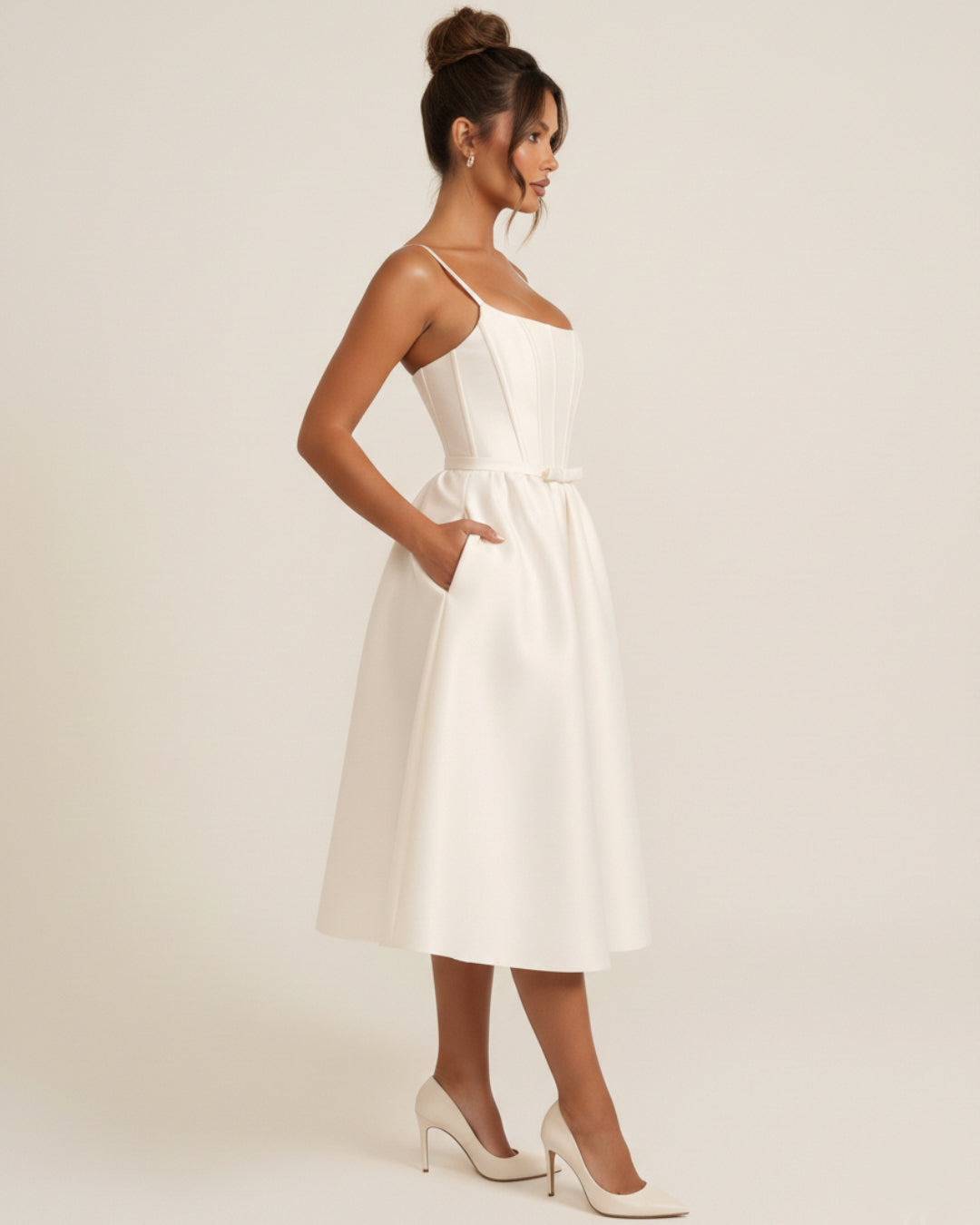 Contessa White Midi Dress with Pockets, white cocktail dress, midi cocktail dress, wedding cocktail party dress