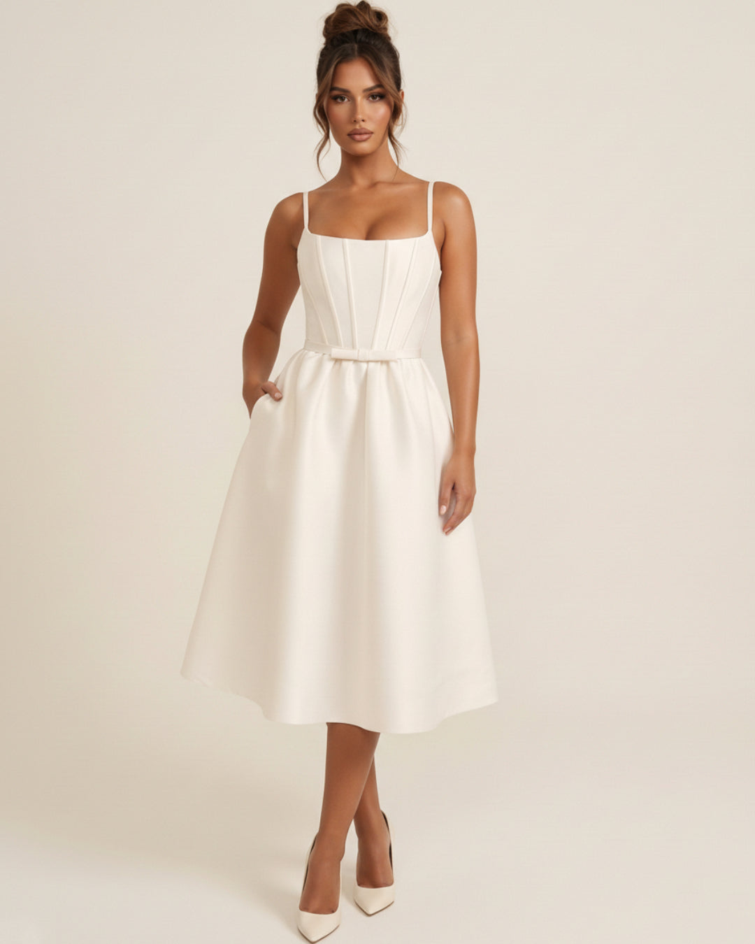 Contessa White Midi Dress with Pockets, white cocktail dress, midi cocktail dress, wedding cocktail party dress
