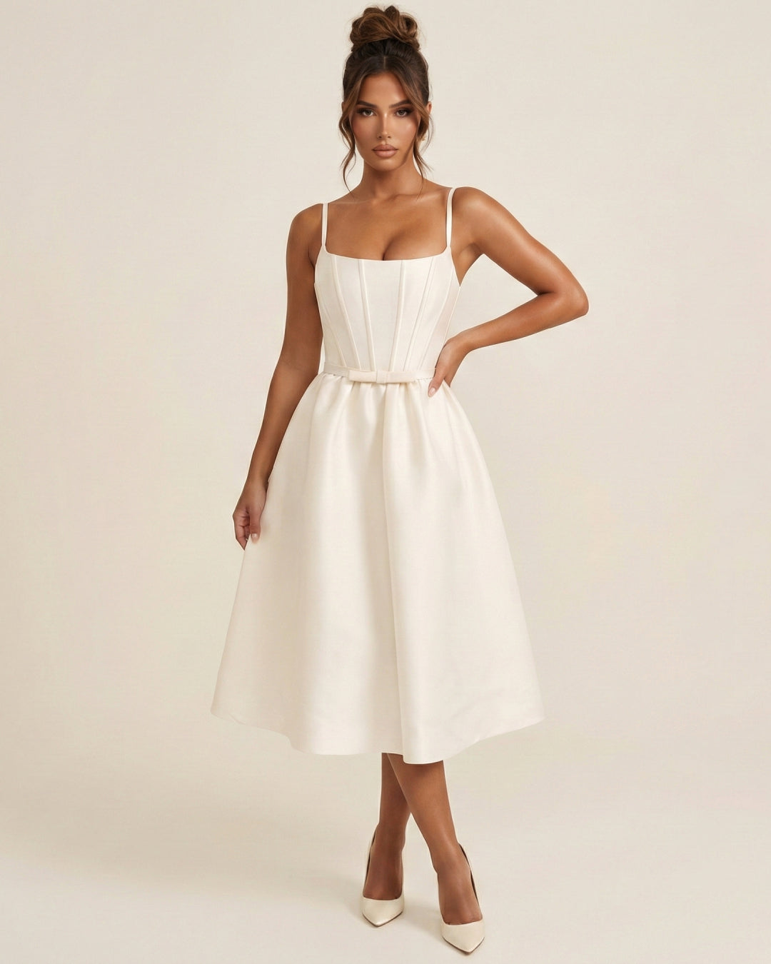 Contessa White Midi Dress with Pockets, white cocktail dress, midi cocktail dress, wedding cocktail party dress