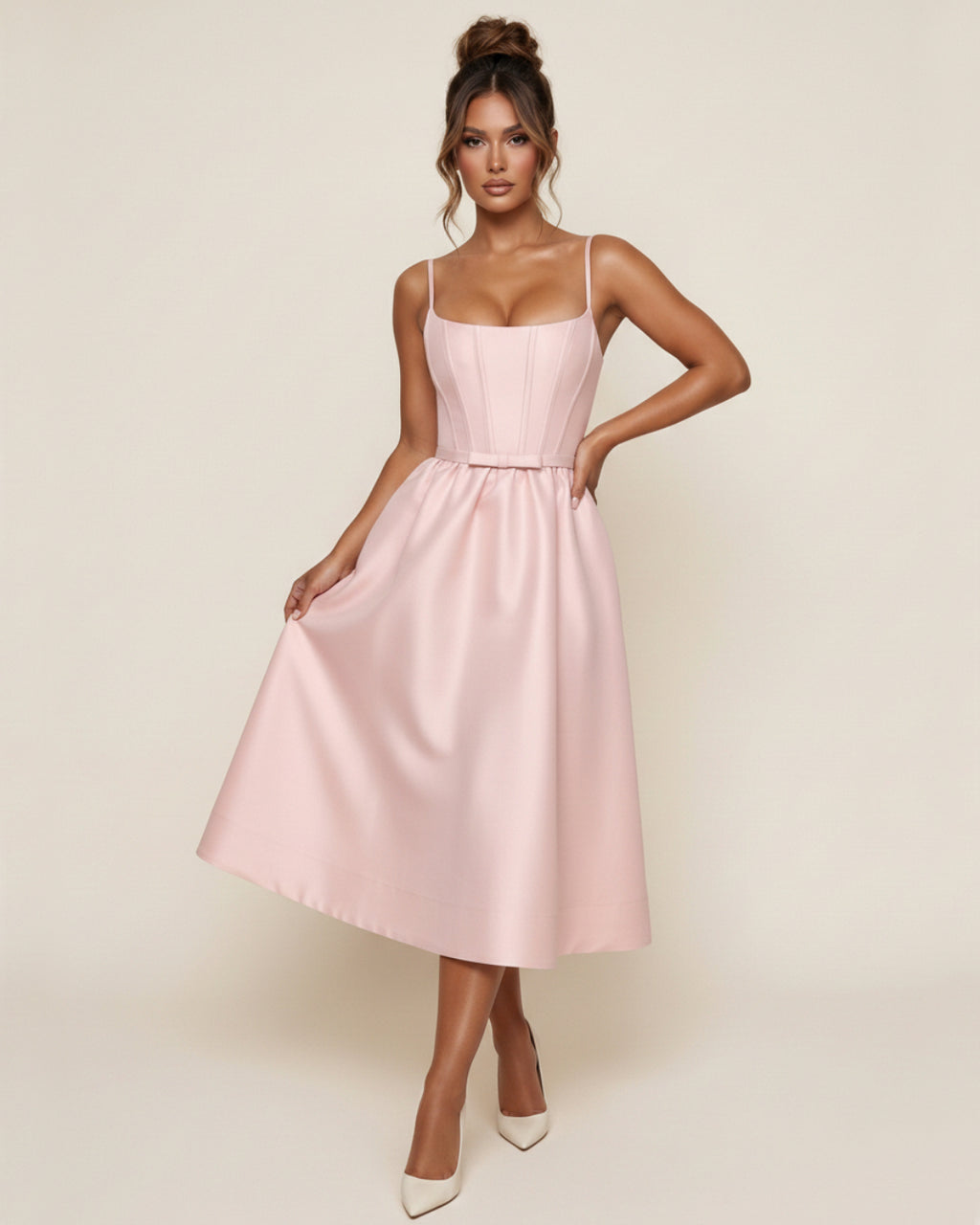 Contessa Light Pink Midi Dress with Hidden Pockets, light pink midi dress, midi pink dress​, midi dress with pockets​
