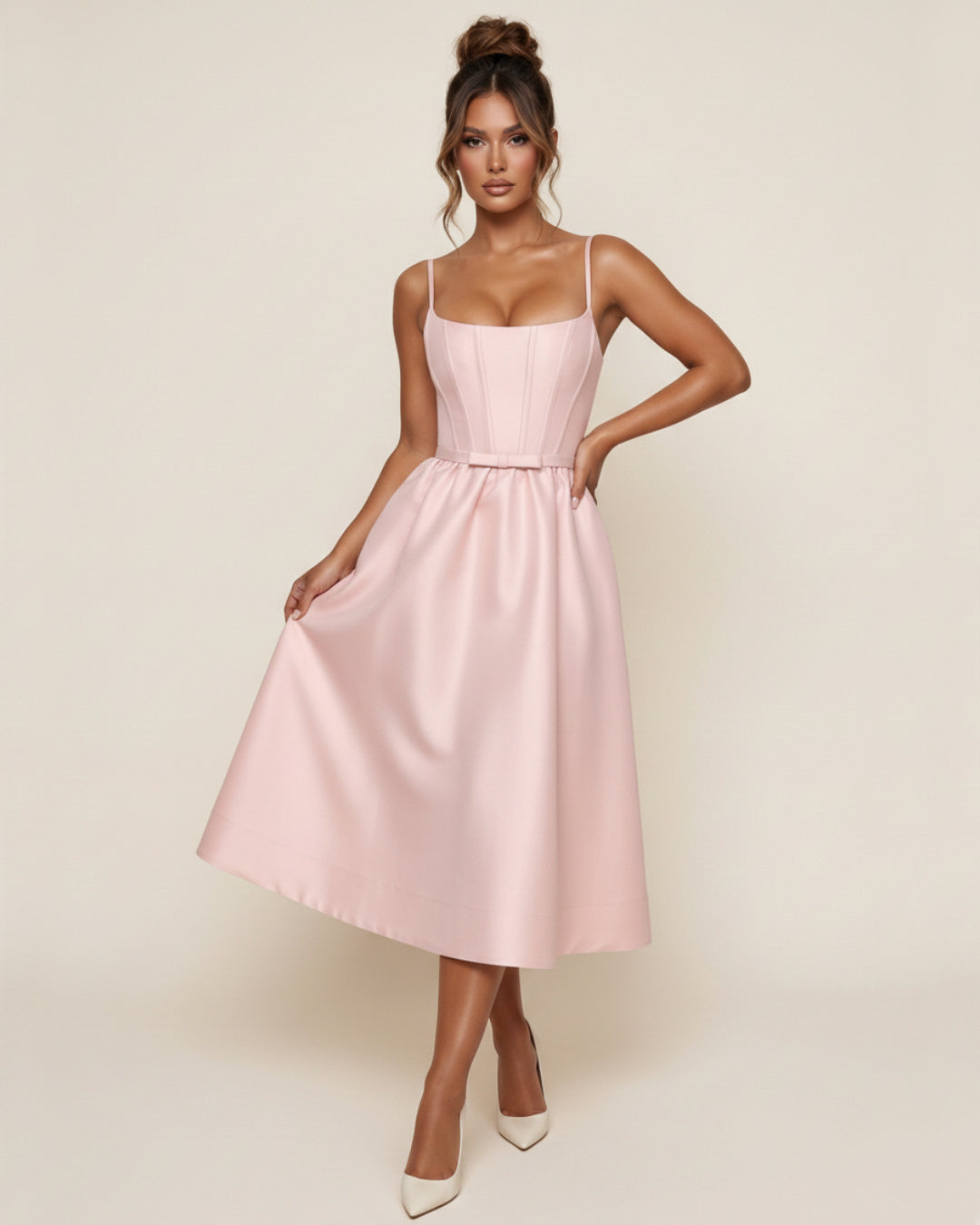 Contessa Light Pink Midi Dress with Hidden Pockets, light pink midi dress, midi pink dress​, midi dress with pockets​