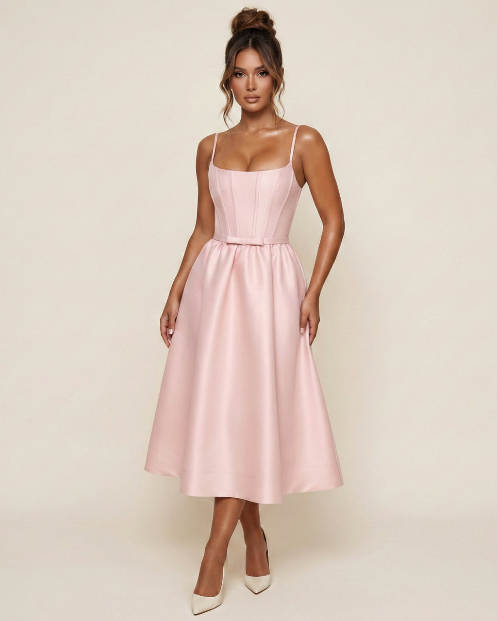 Contessa Light Pink Midi Dress with Hidden Pockets, asos midi dress pink​, pale pink midi dress​