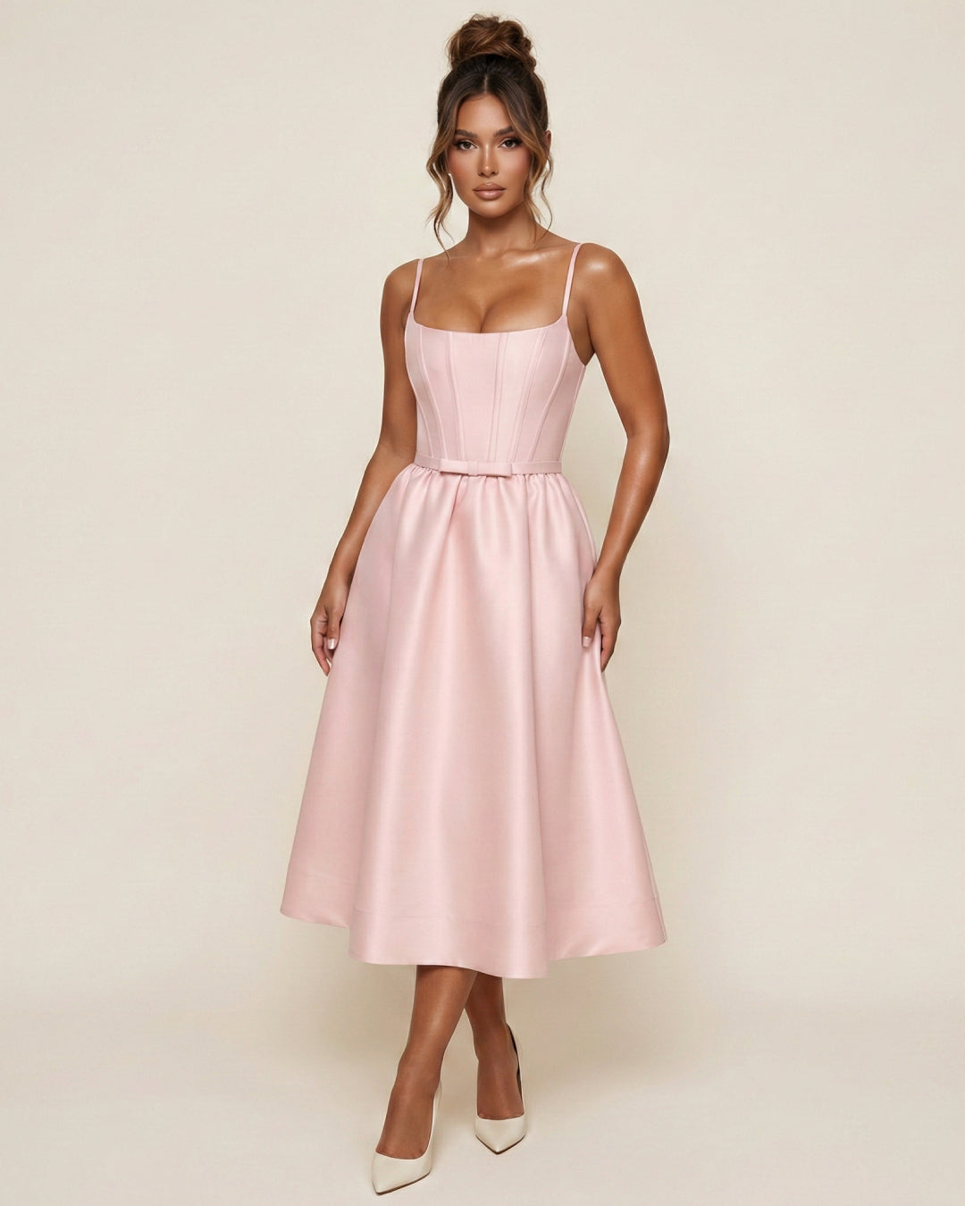 Contessa Light Pink Midi Dress with Hidden Pockets, asos midi dress pink​, pale pink midi dress​