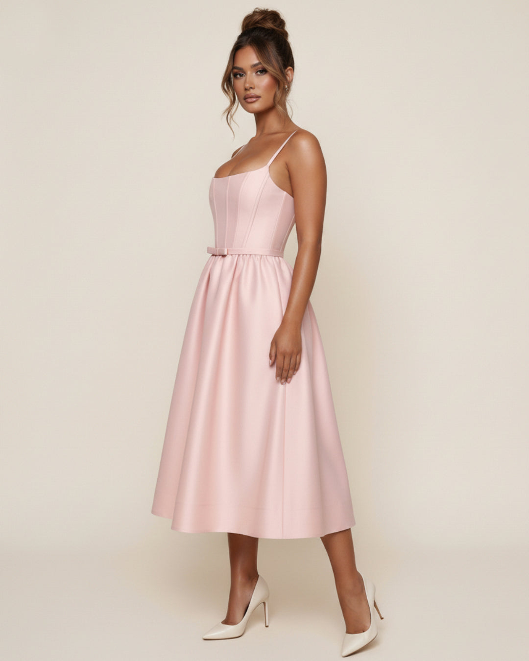 Contessa Light Pink Midi Dress with Hidden Pockets, light pink midi dress, midi pink dress​, midi dress with pockets​