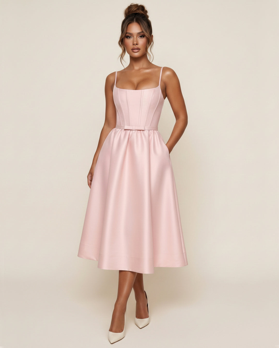 Contessa Light Pink Midi Dress with Hidden Pockets, light pink midi dress, midi pink dress​, women's pink midi dress