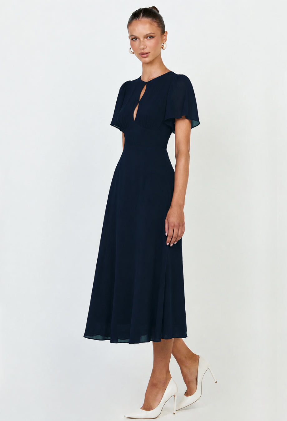 Corynn Navy Short Sleeve formal Midi Dress, long chiffon formal dress, chiffon midi dress​