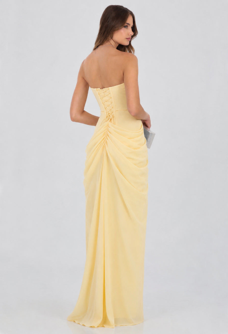 Pastel Yellow Prom Dress, Cyra Chiffon Corset Maxi Gown, butter yellow prom dress