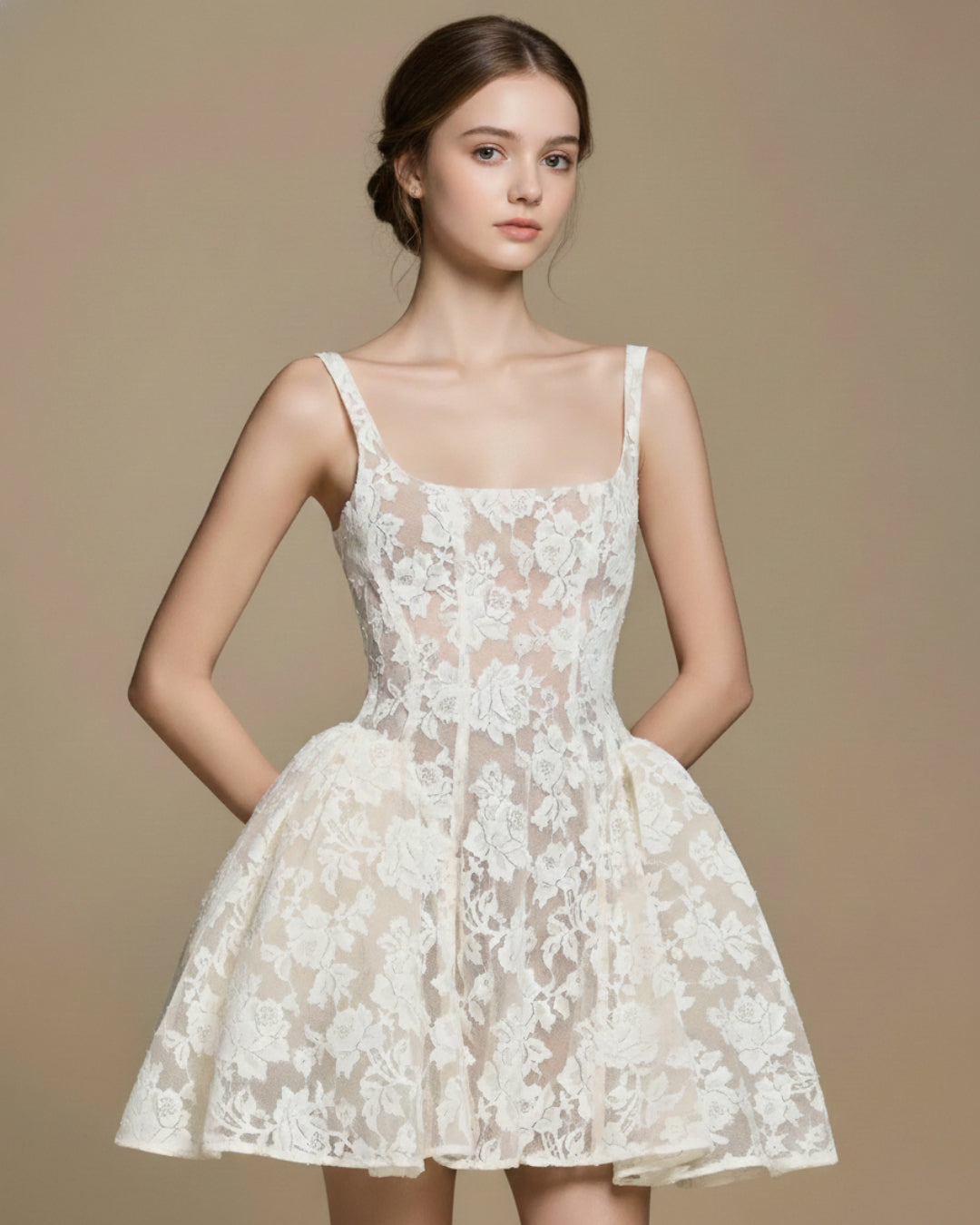 Daisy Ivory Lace Mini Dress, lace lace dress, lace white dress​, long sleeve lace bridal dress