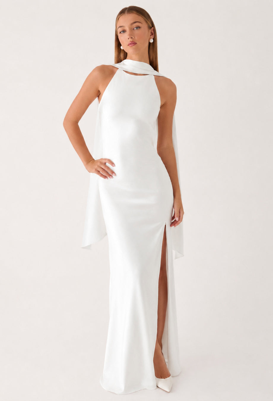 Dalia Simple White Satin Wedding Maxi Dress with Scarf
