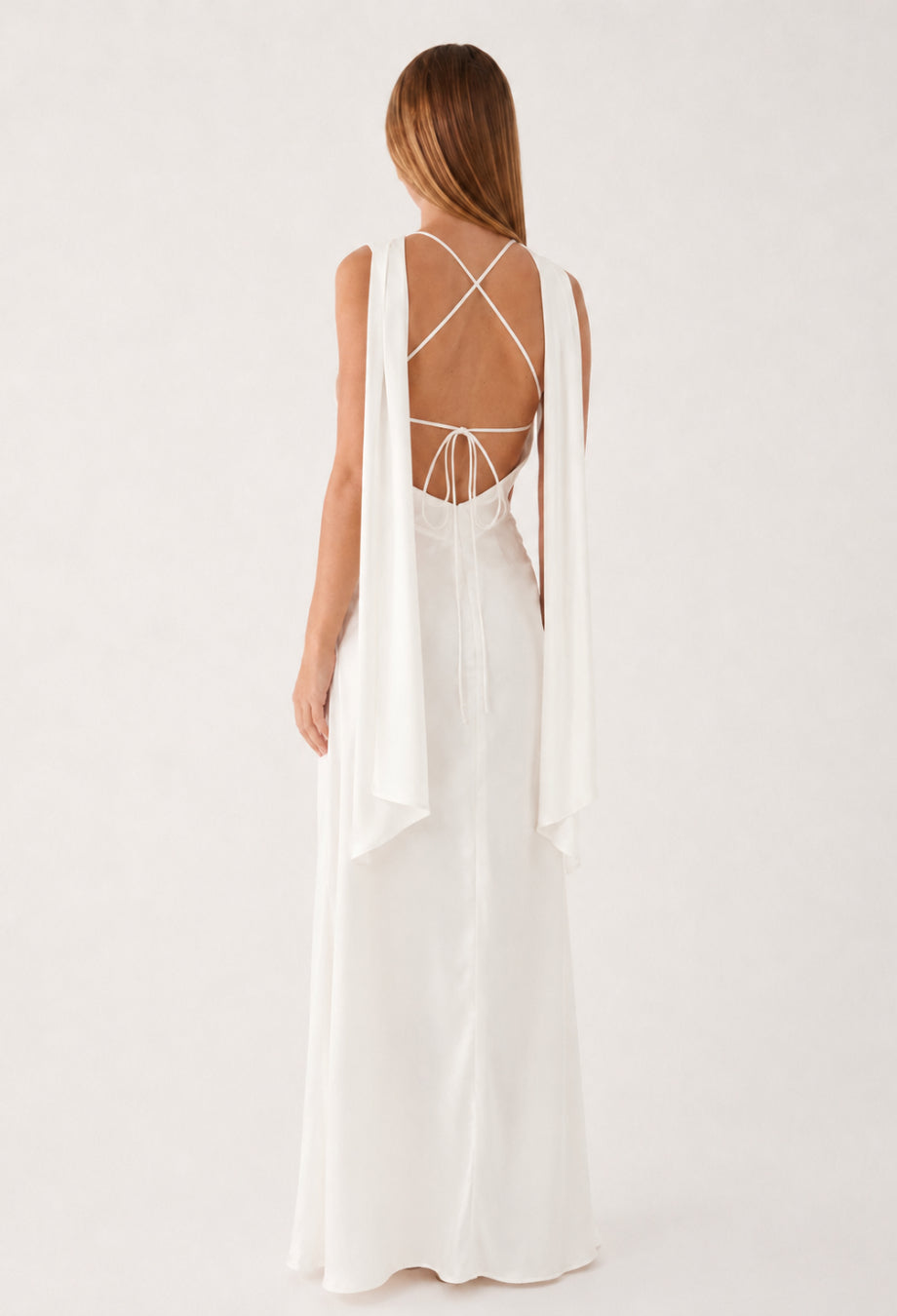 Dalia Simple White Satin Wedding Maxi Dress with Scarf, satin maxi dress, white bridal dress
