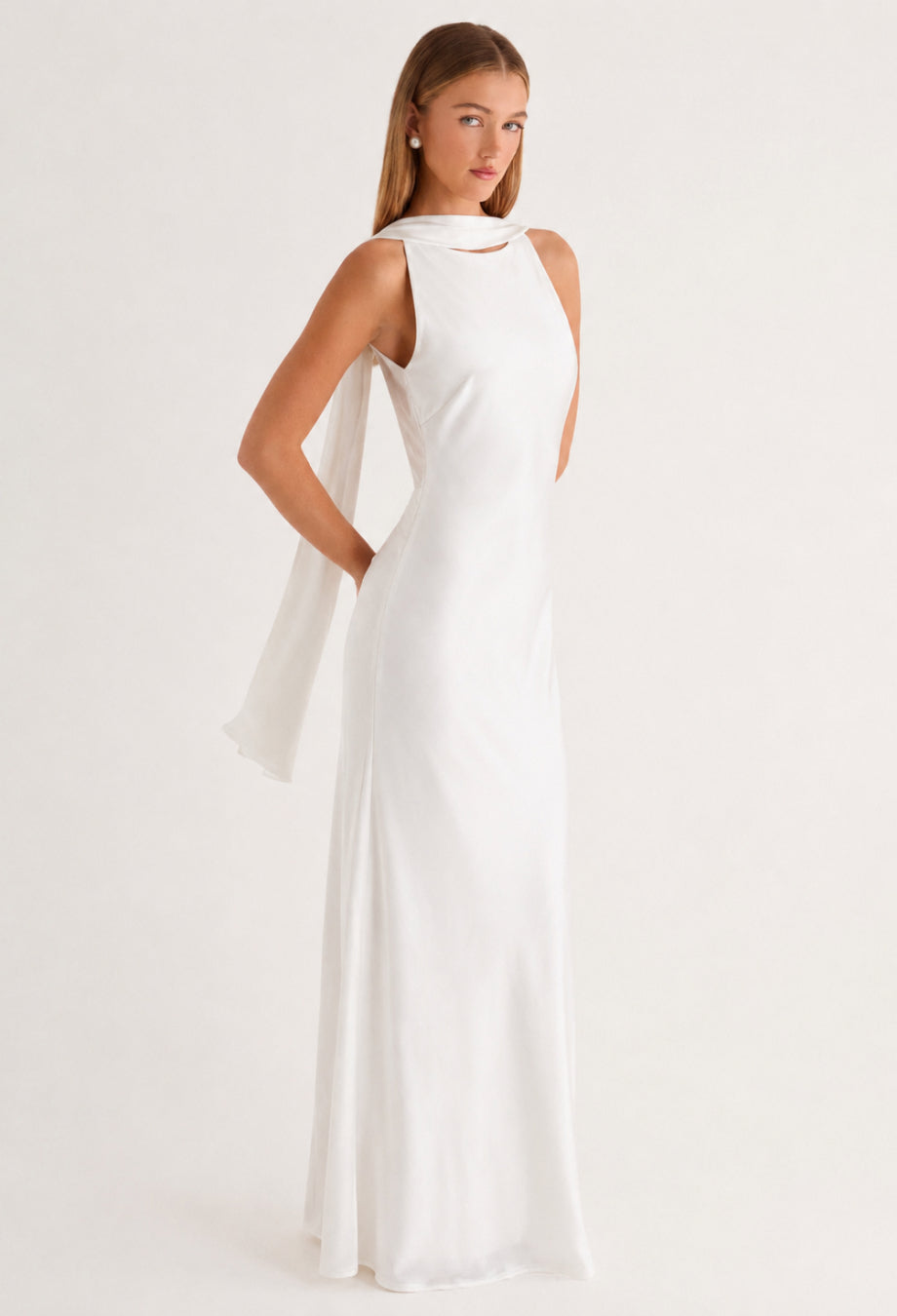 Dalia Simple White Satin Wedding Maxi Dress with Scarf