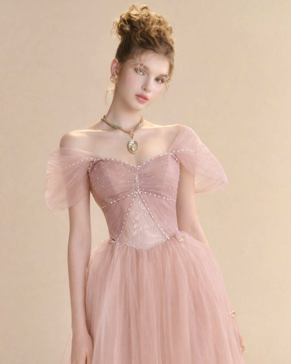 Dallas Mesh Maxi Dress in Blush Pink, pink maxi gown, pink wedding gown​, blush pink bridal gown​