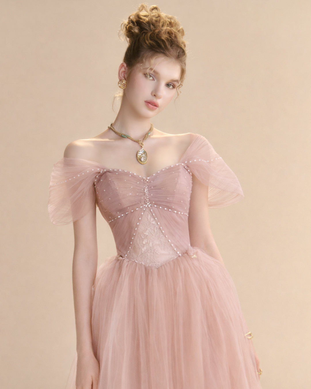 Dallas Mesh Maxi Dress in Blush Pink, pink maxi gown, pink wedding gown​, blush pink bridal gown​