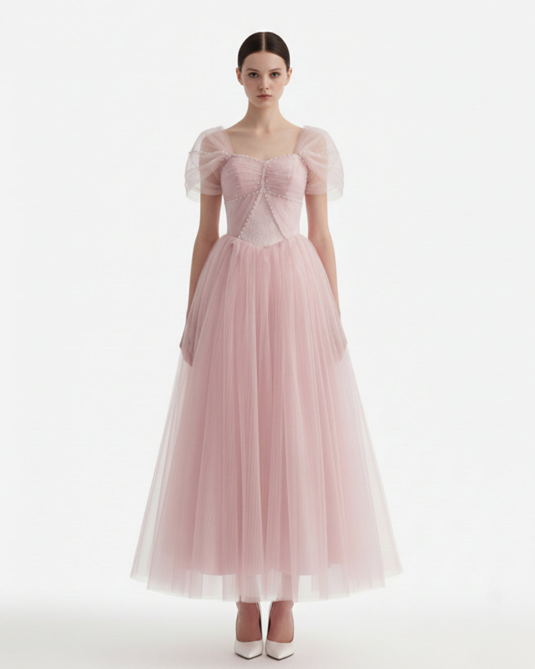 Dallas Mesh Maxi Dress in Blush Pink, pink maxi gown, pink wedding gown​, blush pink bridal gown​