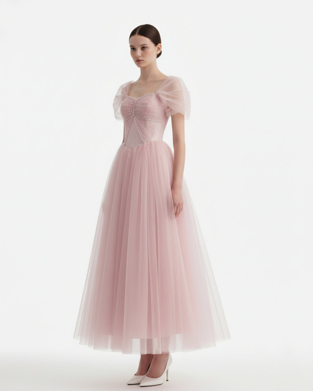 Dallas Mesh Maxi Dress in Blush Pink, pink maxi gown, pink wedding gown​, blush pink bridal gown​