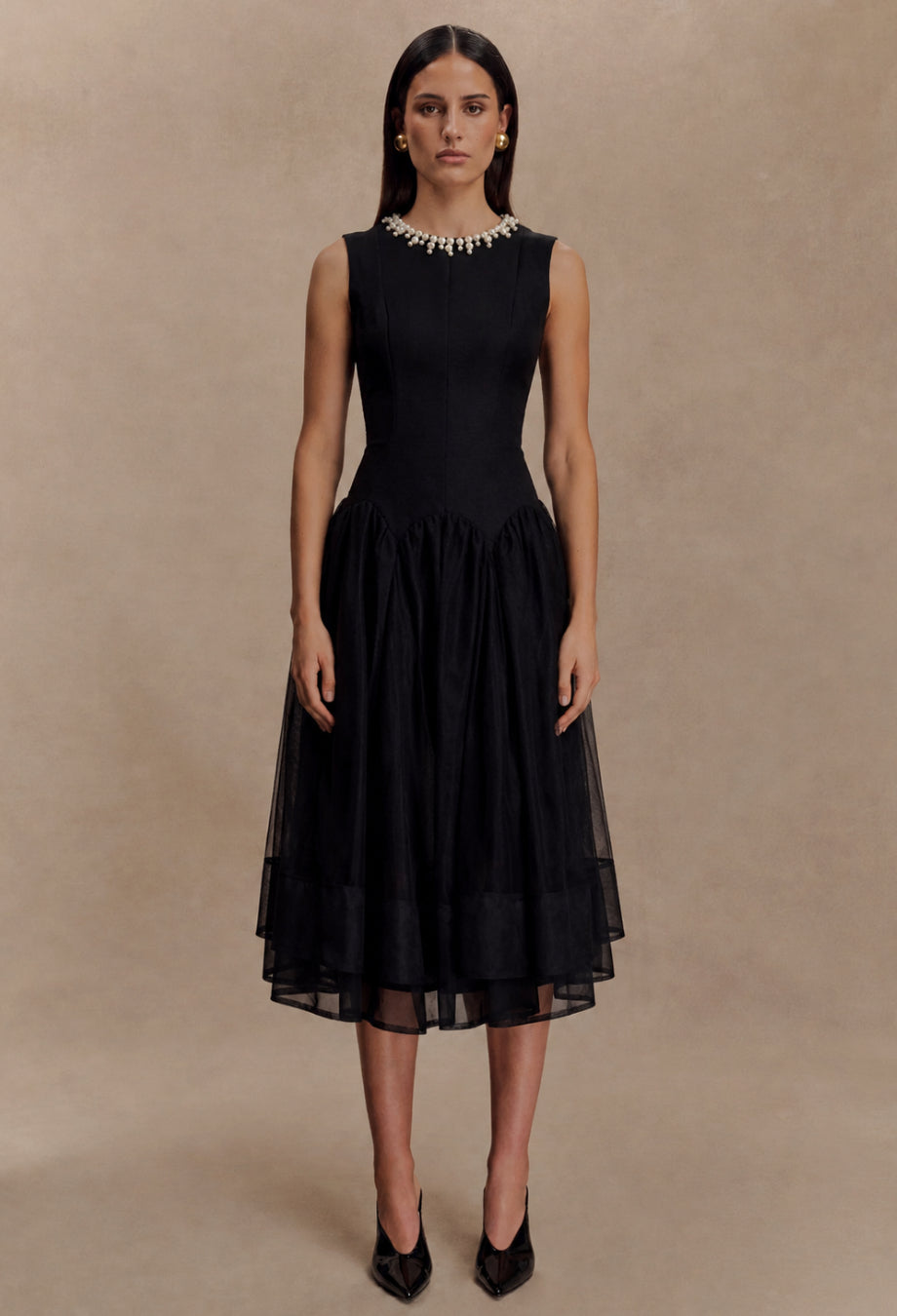 Darla Black Flowy Midi Dress for Wedding Guests