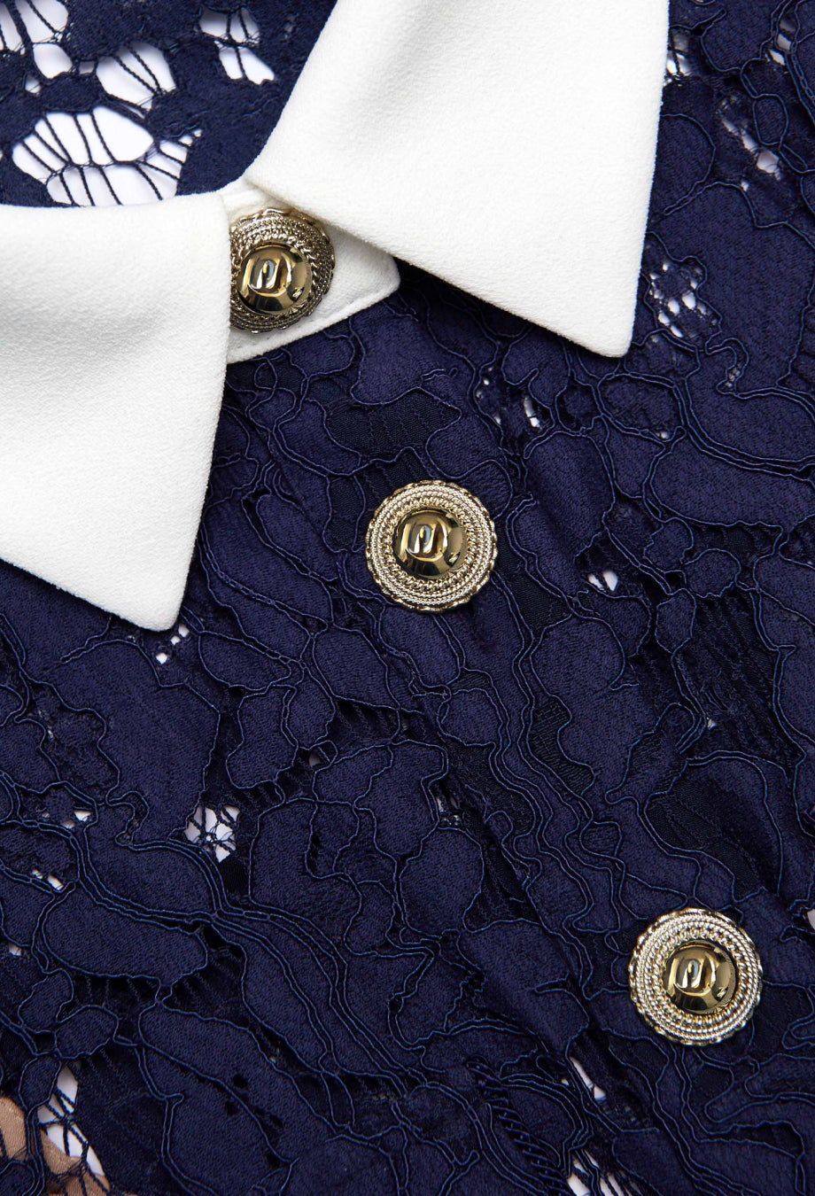 Deanna Navy Lace Contrast Collar Midi Dress, navy blue cocktail dress​, navy blue dress shirt​