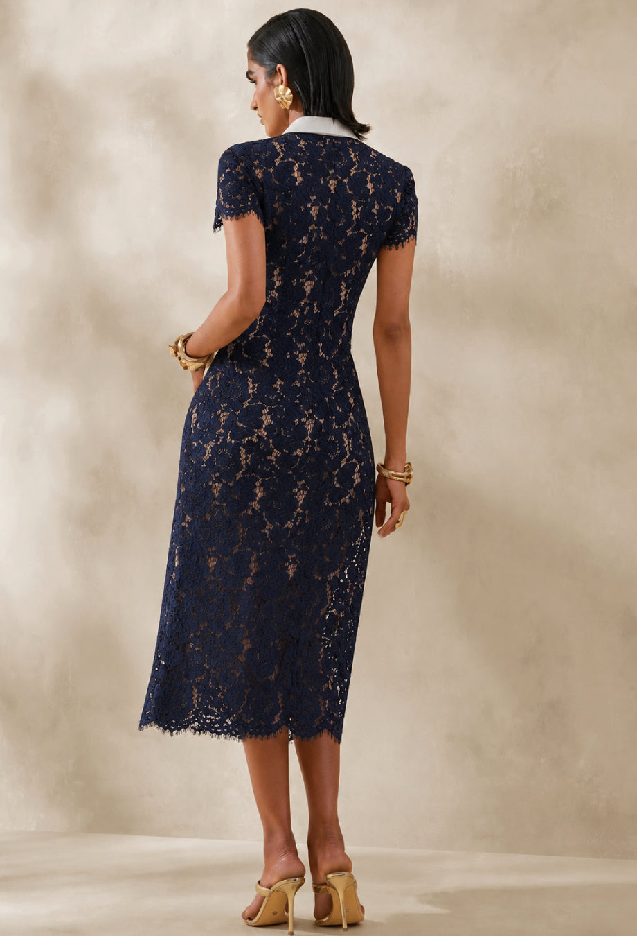Deanna Navy Lace Contrast Collar Formal Midi Dress, navy blue formal dress, navy blue colour dress​, navy blue midi dress