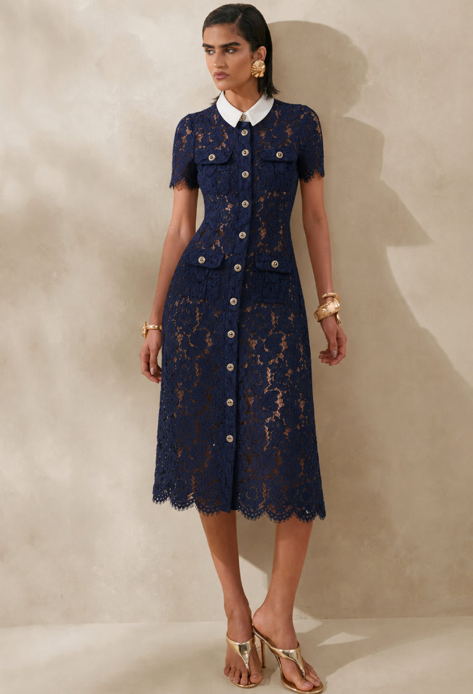 Deanna Navy Lace Contrast Collar Formal Midi Dress, navy blue formal dress, navy blue colour dress​, navy blue midi dress