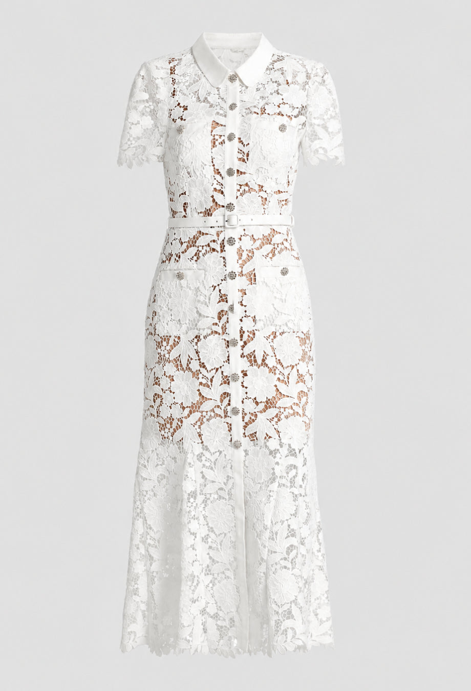 Deanna White Lace Collar Midi Dress with Short Sleeves, vintage white lace dress, white lace graduation dress​