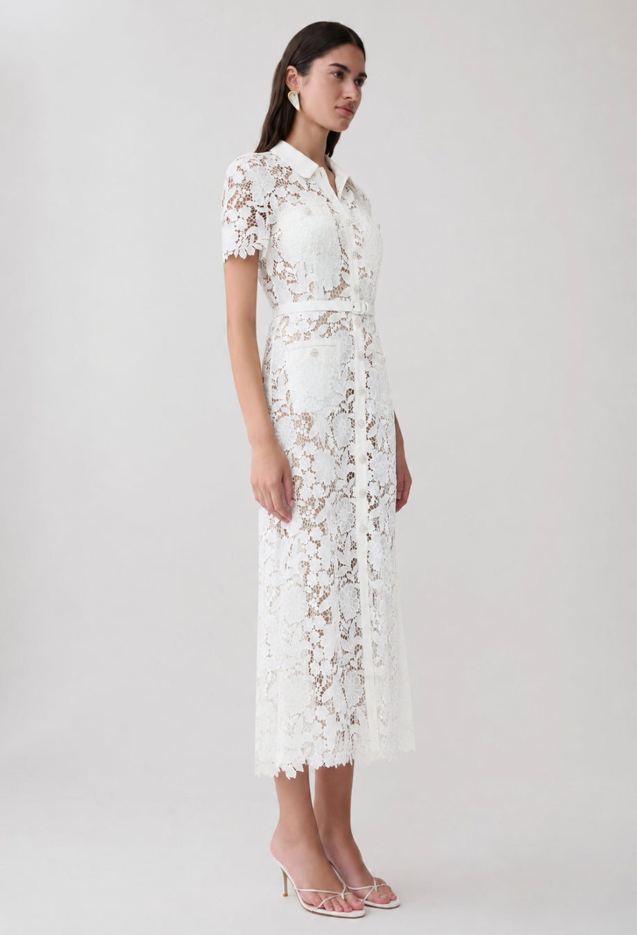 White Lace Midi Dress with Short Sleeves for Graduation