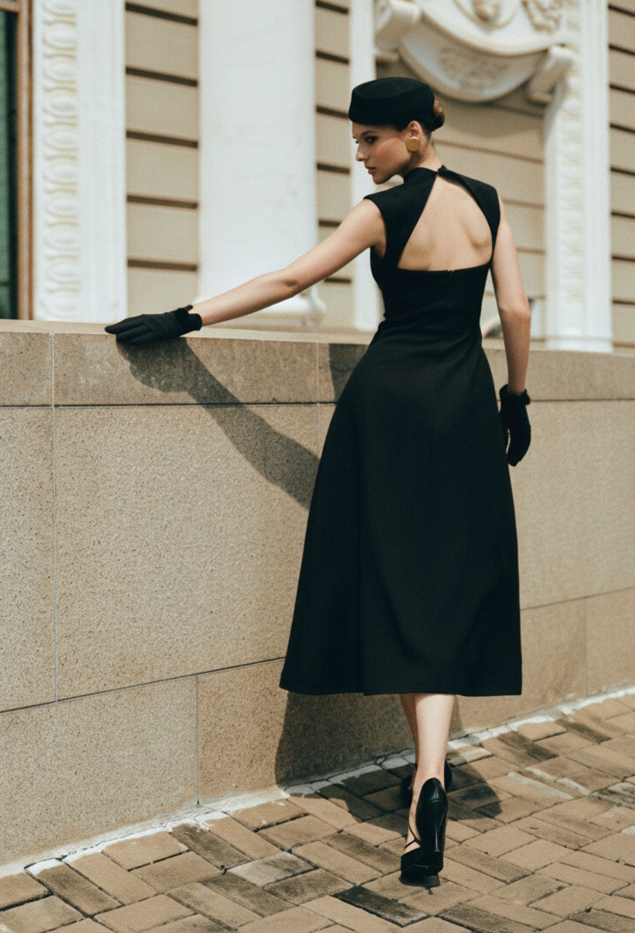 Debutante Black Backless Midi Dress, black dress for wedding​