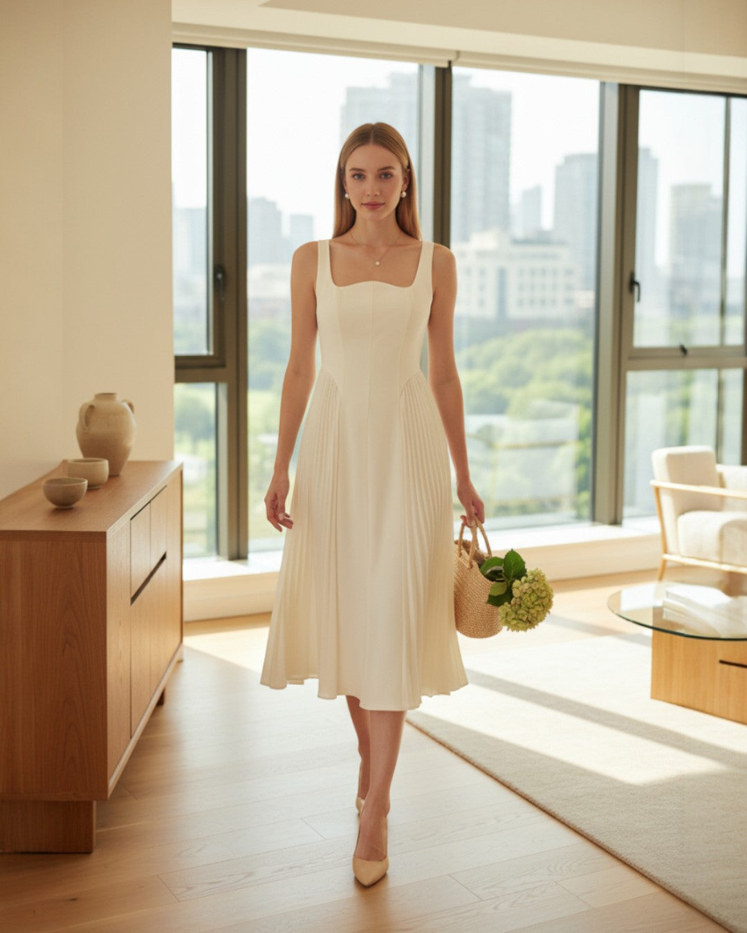 Elena Midi Dress - Beige