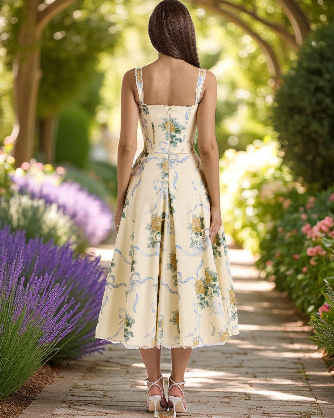 Elizabeth Floral Print Midi Dress - Beige