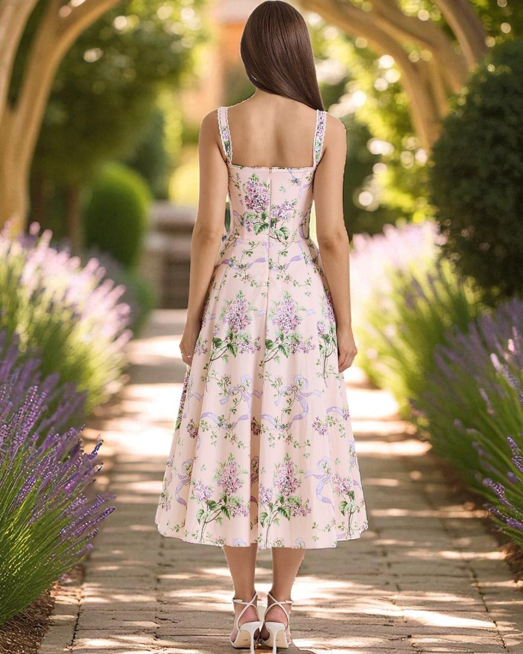 Back view of Elizabeth floral print midi dress
