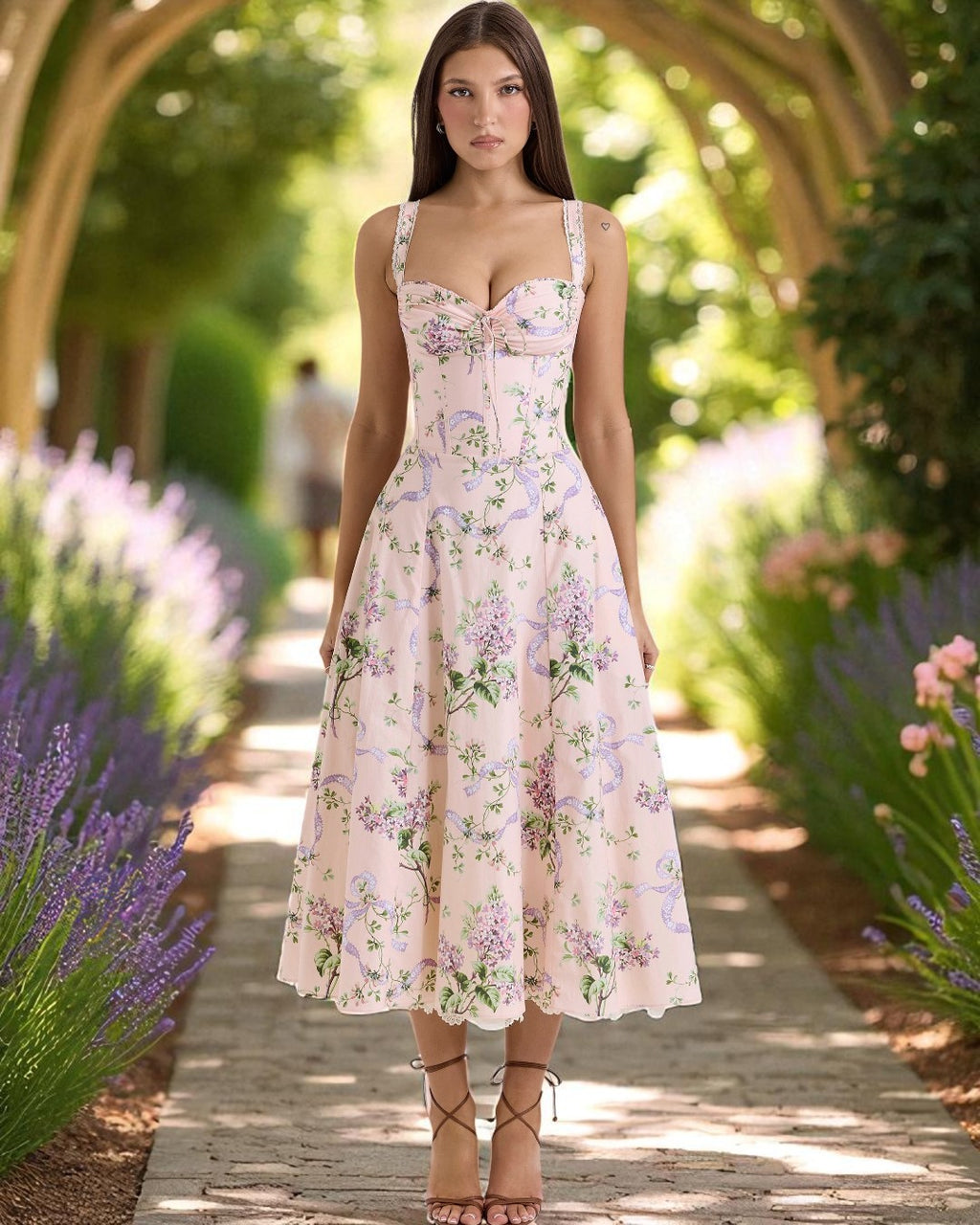 Front view of Elizabeth pink floral print midi women’s dress from deesse blanche