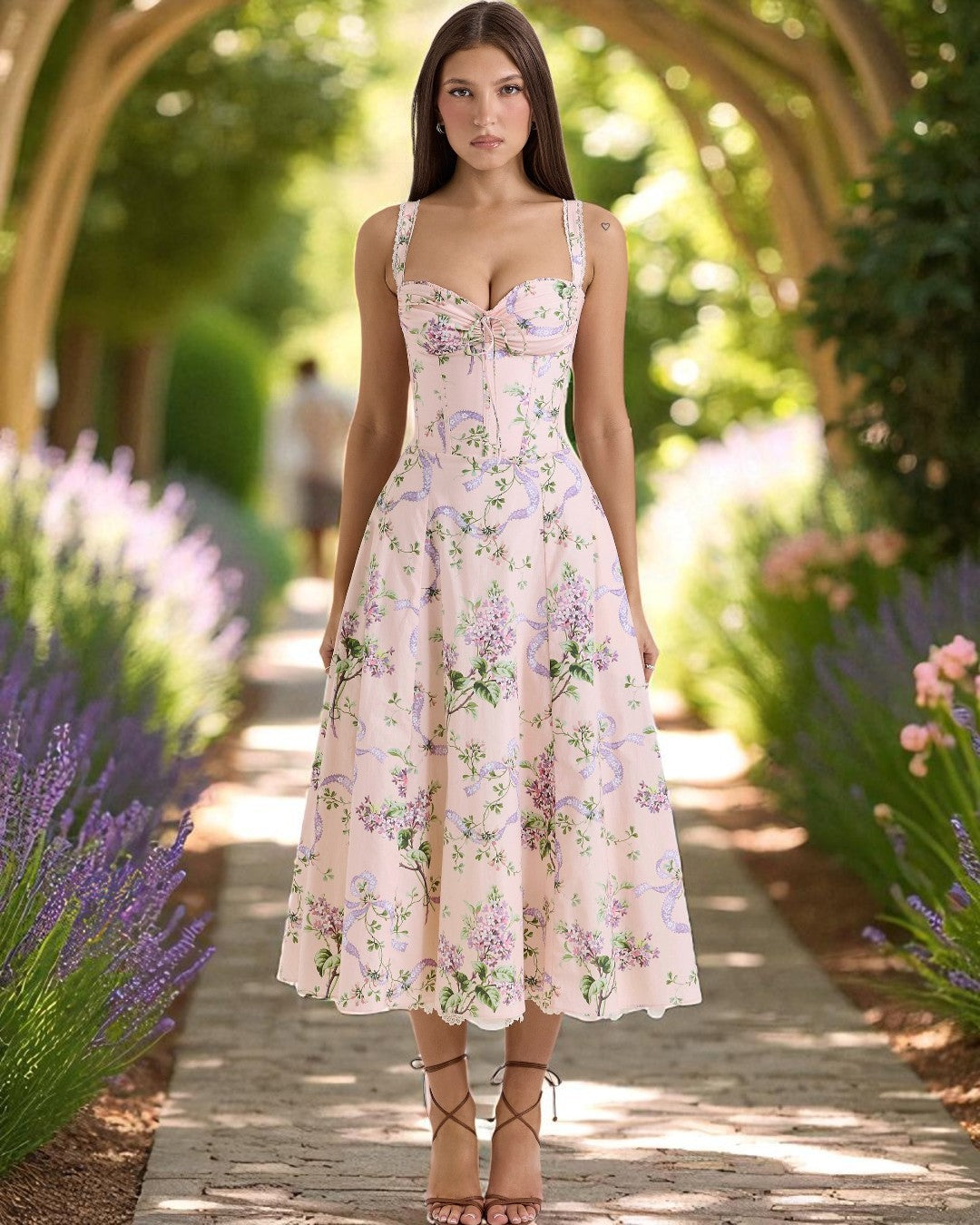 Front view of Elizabeth pink floral print midi women’s dress from deesse blanche