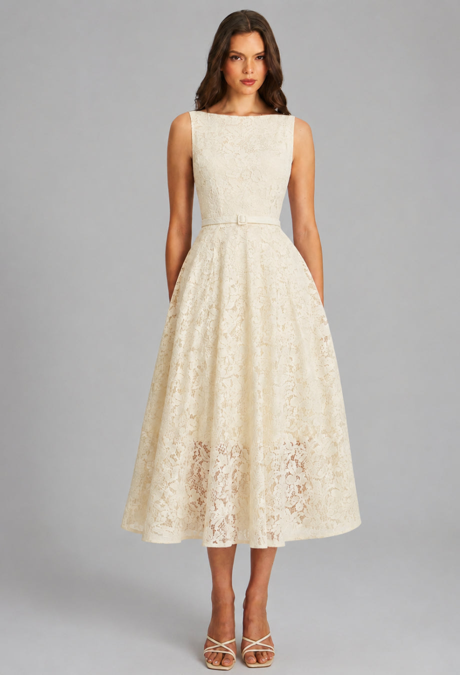 Ellis Cream Floral Lace Formal Cocktail Midi Dress