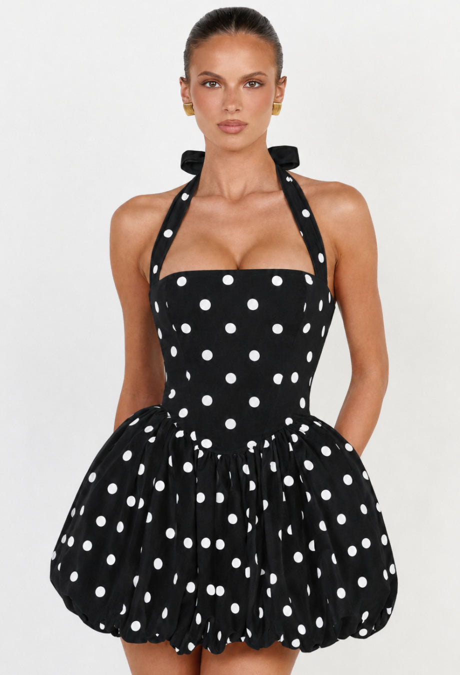 Black Polka Dot Halter Mini Dress