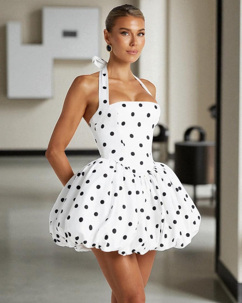 Front view of Eloise black polka dot mini women’s dress