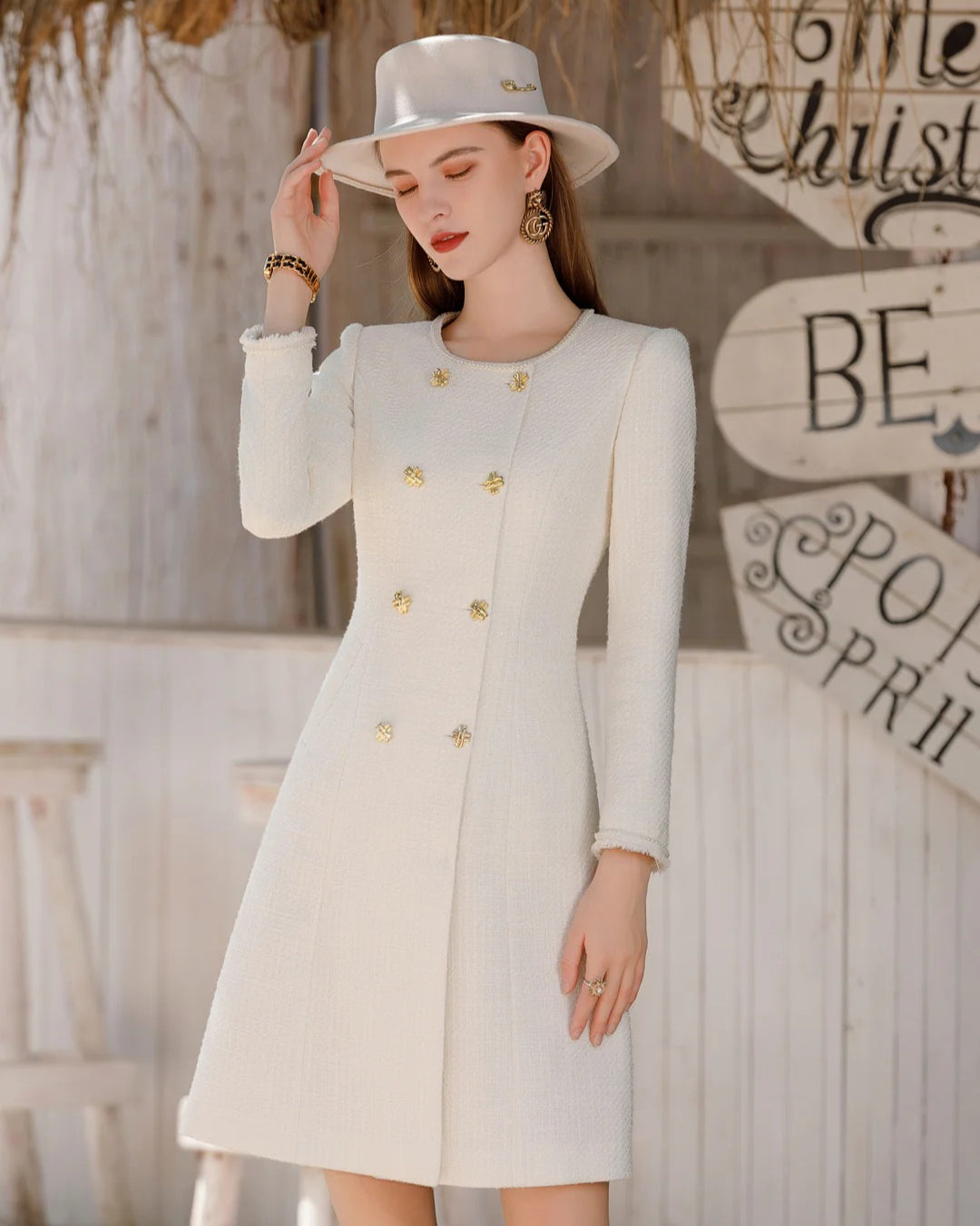 Womens Work Dress Elowen Ivory Long-Sleeve Midi Dress L Womens Work Dress Elowen Ivory Long-Sleeve Midi Dress L