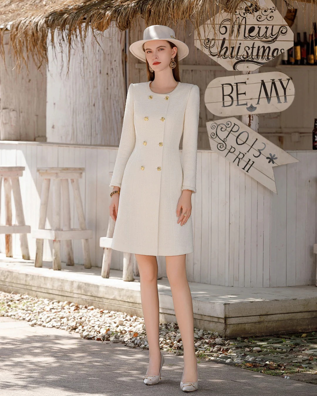 Elowen Ivory Long-Sleeve Midi Dress, womens dress work​, work christmas party dress​
