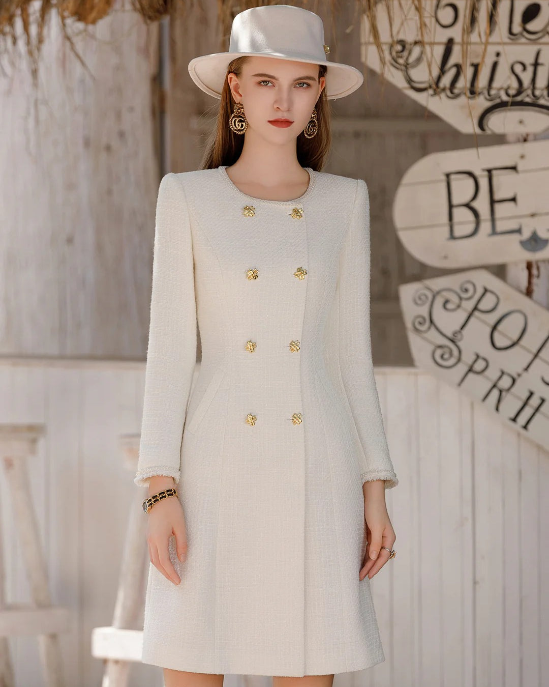 Elowen Ivory Long-Sleeve Midi Dress, work dress women​, plus size dress clothes for work