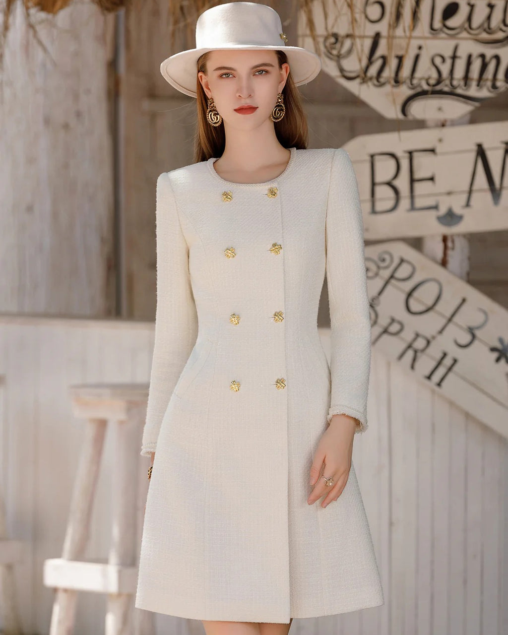 Elowen Ivory Long-Sleeve Midi Dress, womens dress work​, casual dress wear for work​, dress work party​