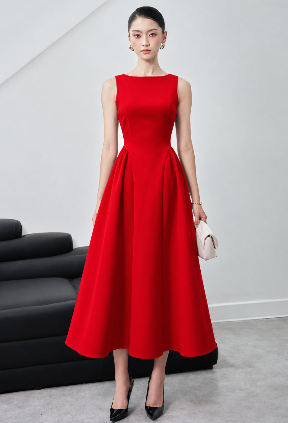 Emerson Red Midi Dress, babyboo red dress, red babyboo dress