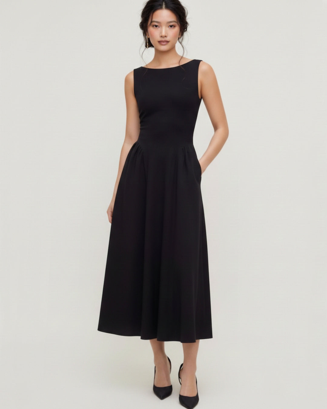 Emerson Black Midi Dress with Pockets, dress with pockets, midi dress with pockets​