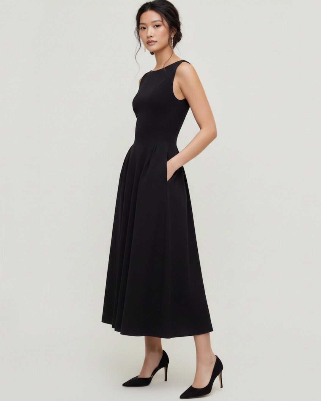 Emerson Black Midi Dress with Pockets, dress with pockets, midi dress with pockets​, formal dress with pockets​