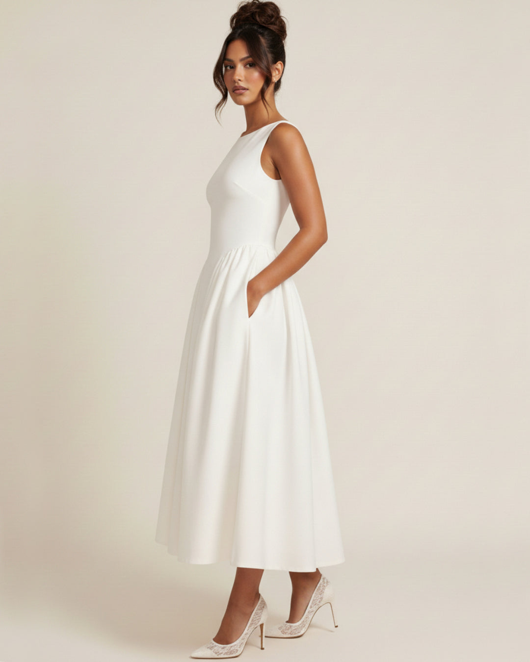 Emerson Ivory Midi Dress with Pockets, dress with pockets women​, cotton dress with pockets, a line dress with pockets​