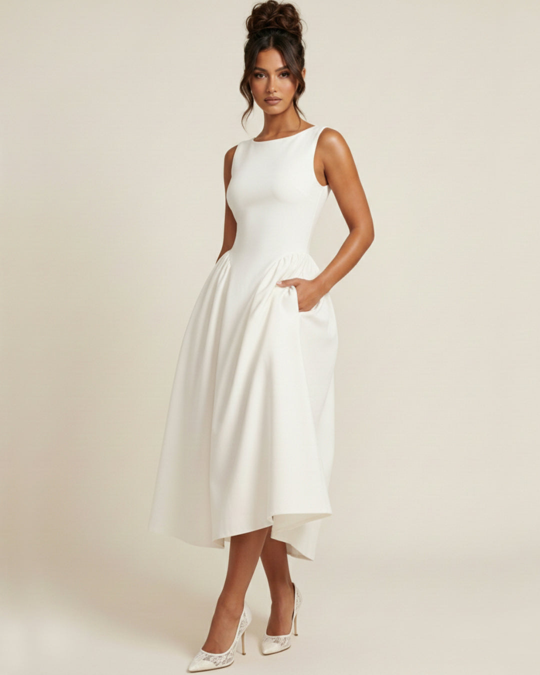 Emerson Ivory Midi Dress with Pockets, dress with pockets women​, cotton dress with pockets, a line dress with pockets​