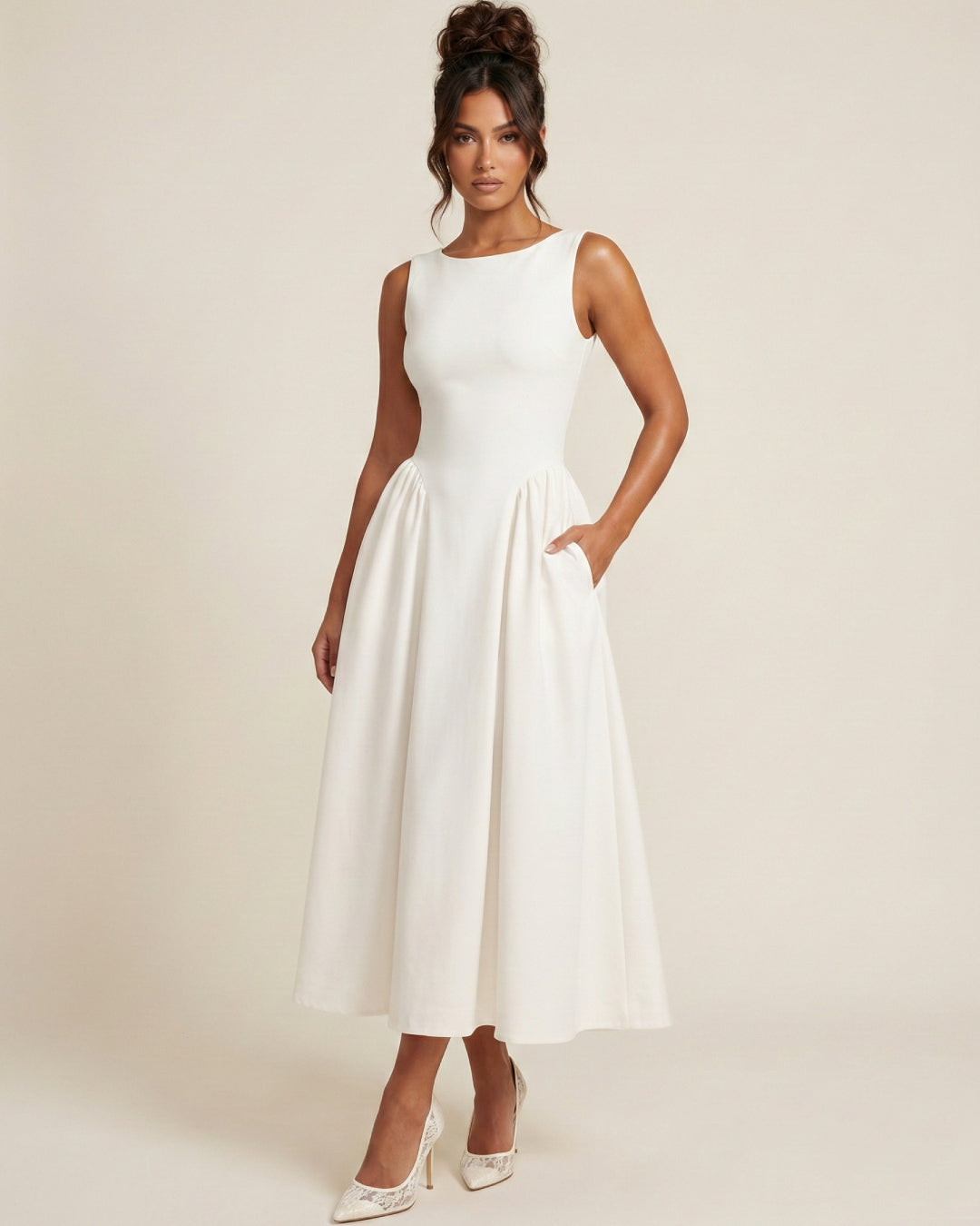 Emerson Ivory Midi Dress with Pockets, dress with pockets women​, cotton dress with pockets, a line dress with pockets​