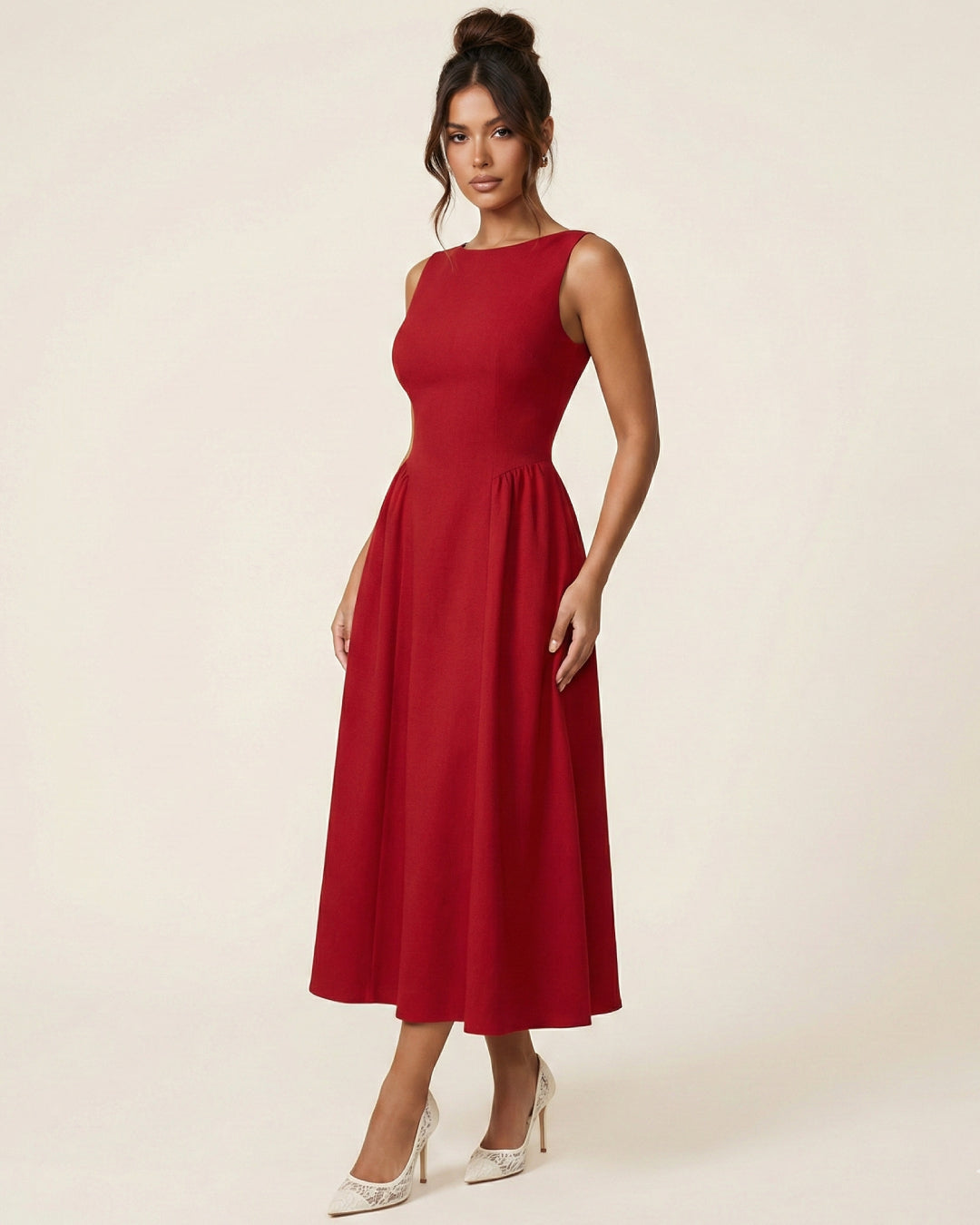 Emerson Red Midi Dress with Pockets, dress with pockets women​, red birthday dress