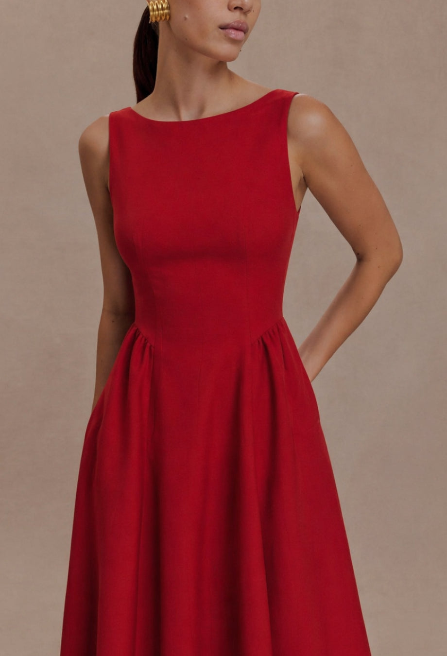 Emerson Red Midi Dress with Pockets, dress with pockets women​, red birthday dress